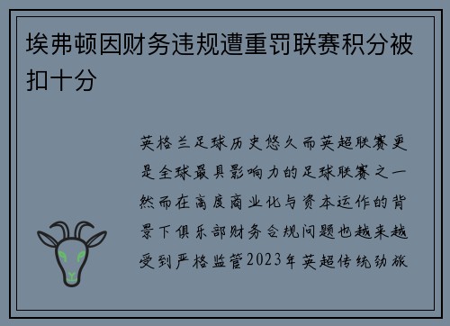 埃弗顿因财务违规遭重罚联赛积分被扣十分