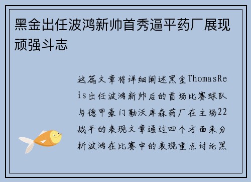 黑金出任波鸿新帅首秀逼平药厂展现顽强斗志