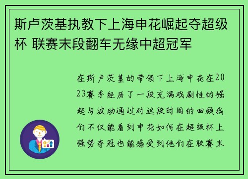 斯卢茨基执教下上海申花崛起夺超级杯 联赛末段翻车无缘中超冠军